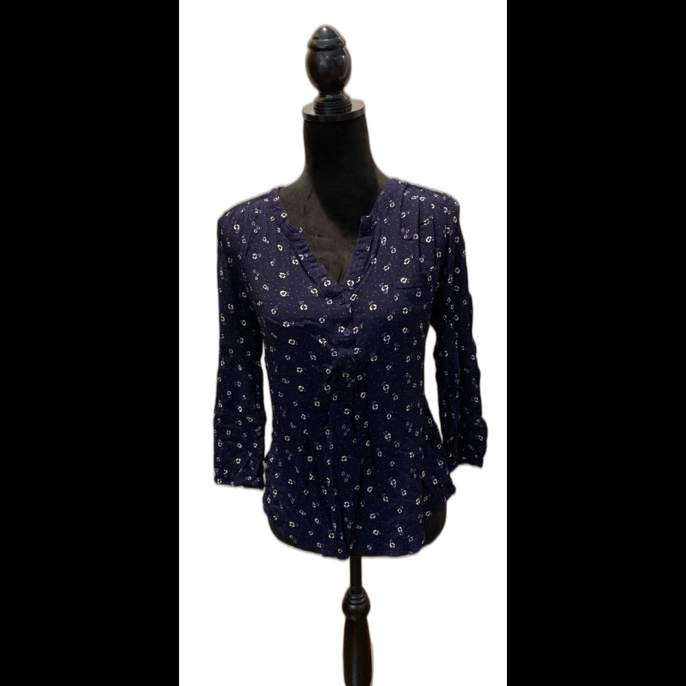Market & Spruce Blouse Navy Blue Pattern Peasant Boho Size XXL measures as Large